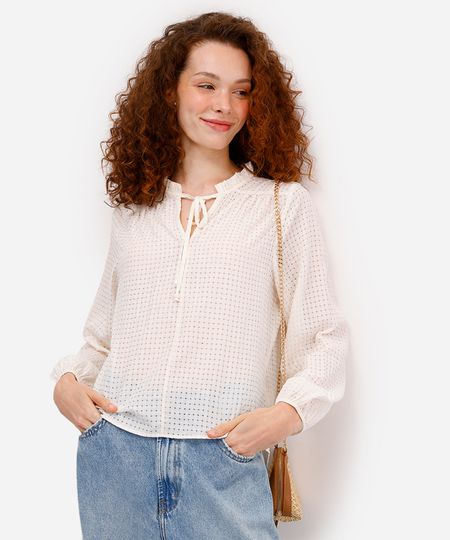 bata feminina manga longa xadrez com babado off white PP