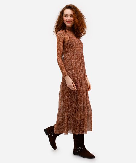 vestido midi feminino de tule manga longa poá laranja PP