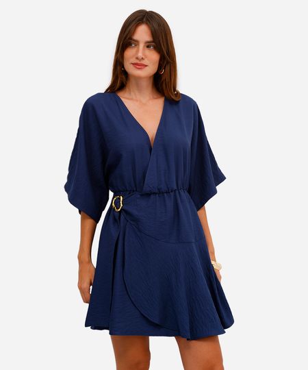 vestido curto feminino de viscose com transpasse azul G