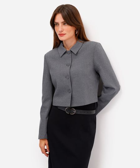 blazer cropped feminino de alfaiataria cinza PP