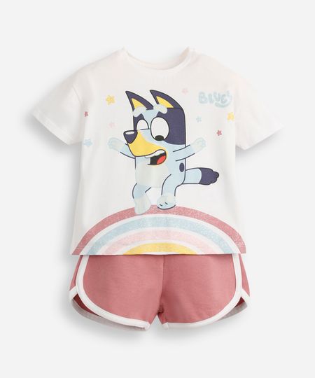conjunto curto infantil de algodão bluey com glitter off white 1