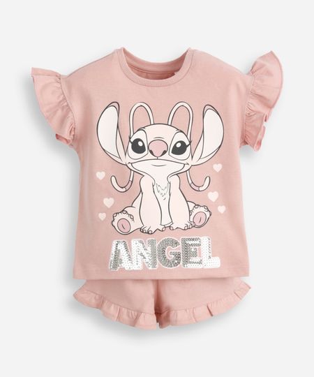 conjunto curto infantil de algodão stitch com paetê rosa 3