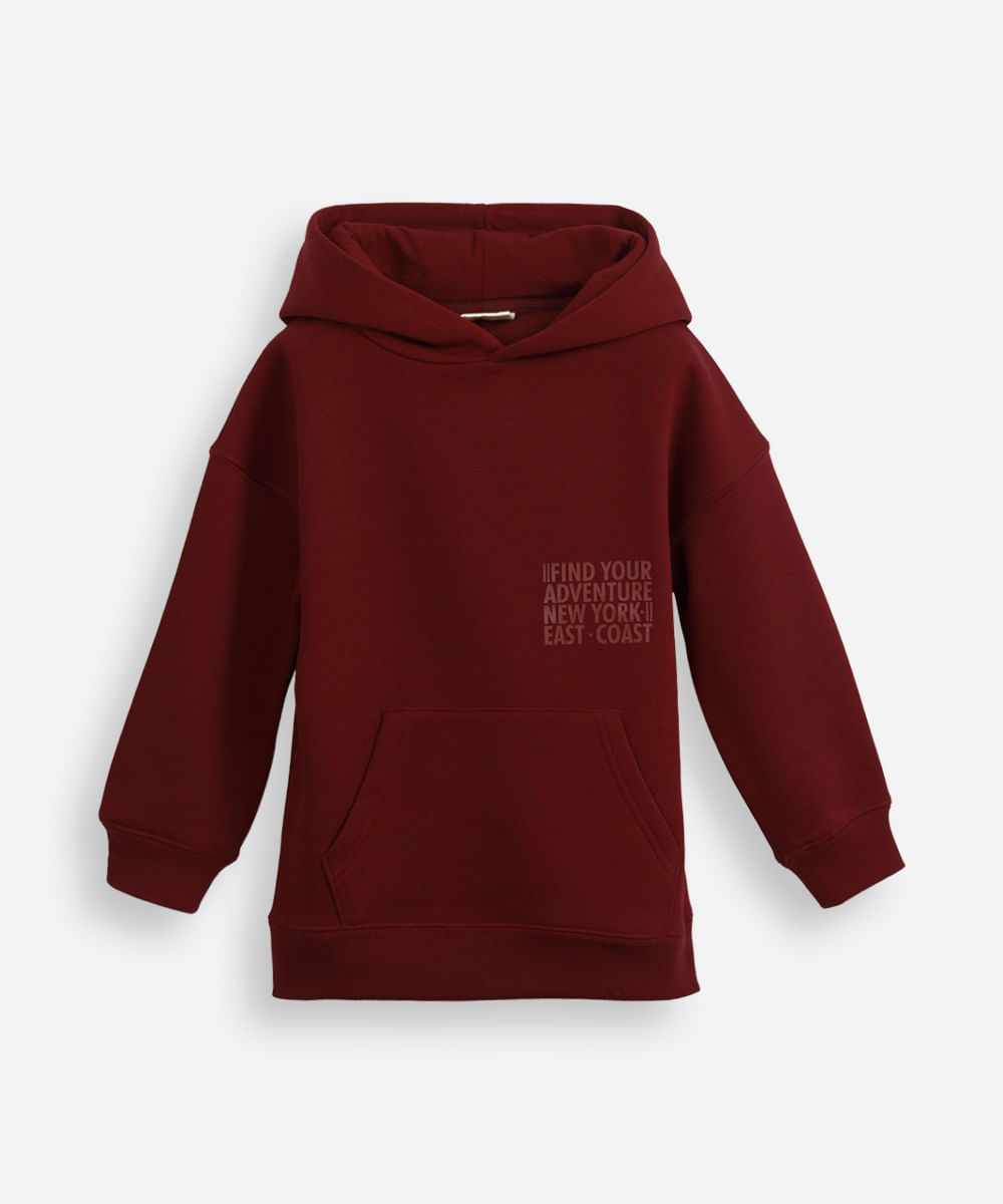 blusão de moletom infantil com capuz e bolso find your adventure vinho