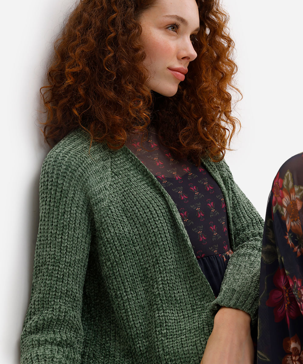 cardigan feminino de tricot chenille alongado - verde