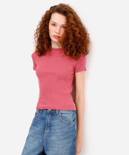 blusa de algodão canelada manga curta rosa PP
