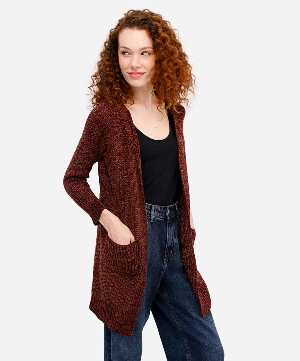 cardigan feminino de tricot chenille alongado - marrom
