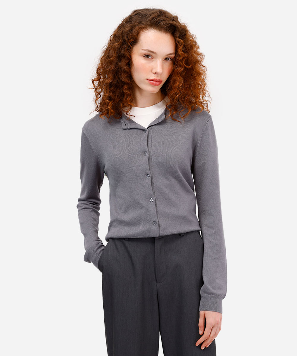 cardigan feminino de tricot cinza
