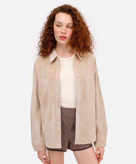 camisa feminina de veludo texturizada bege P camisa feminina de veludo texturizada bege P