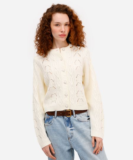 cardigan feminino de tricot texturizado com pérolas off white P