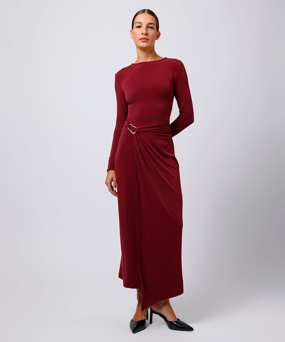 vestido midi feminino manga longa com fenda vinho