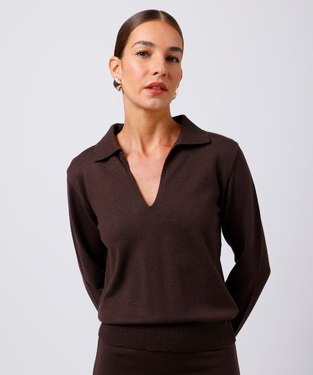 polo feminina de tricot gola v manga longa mindset marrom P polo feminina de tricot gola v manga longa mindset marrom P
