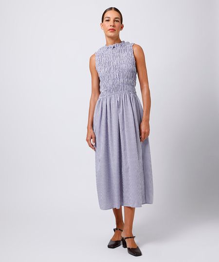 vestido midi franzido listrado mindset azul GG vestido midi franzido listrado mindset azul GG