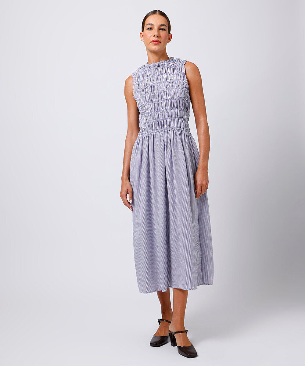 vestido midi franzido listrado mindset azul