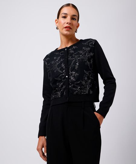 cardigan feminino de tricot com tule e paetê mindset preto P