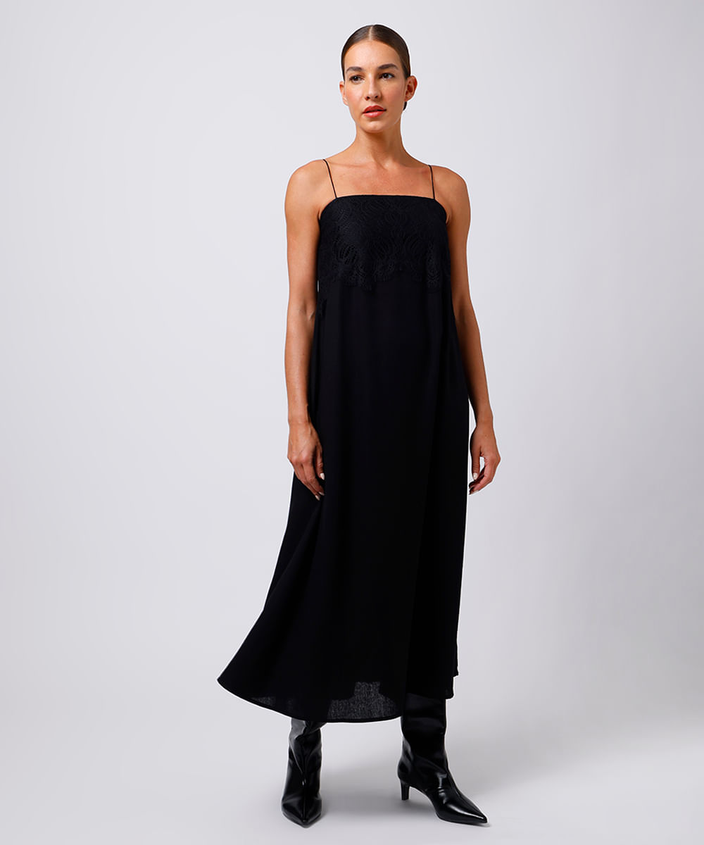 vestido midi slip dress com linho e renda mindset preto
