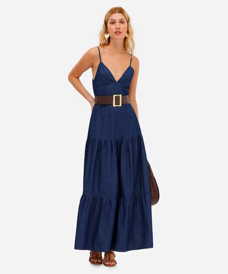 vestido midi feminino jeans com recortes azul PP