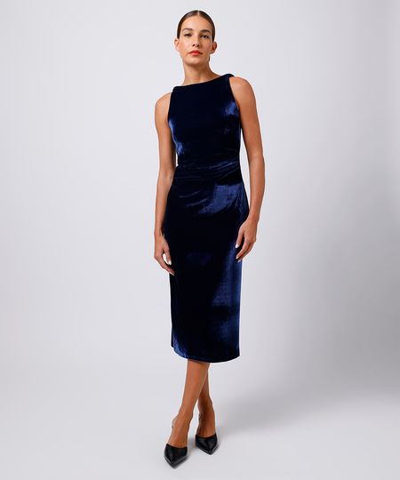 vestido midi feminino de veludo franzido mindset azul P