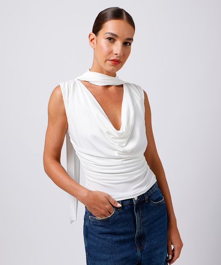 blusa feminina drapeada com gola echarpe mindset branca G