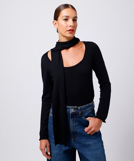 suéter feminino de tricot com gola cachecol mindset preto M