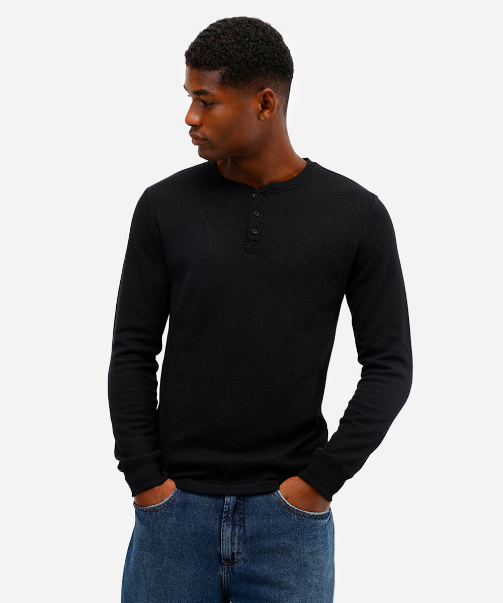 blusa básica masculina manga longa texturizada preta