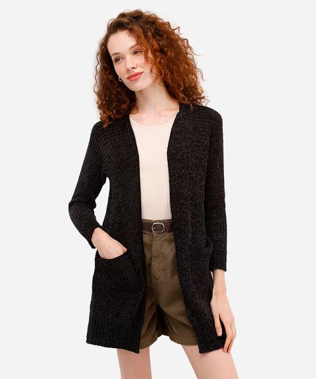 cardigan feminino de tricot chenille alongado - preto P
