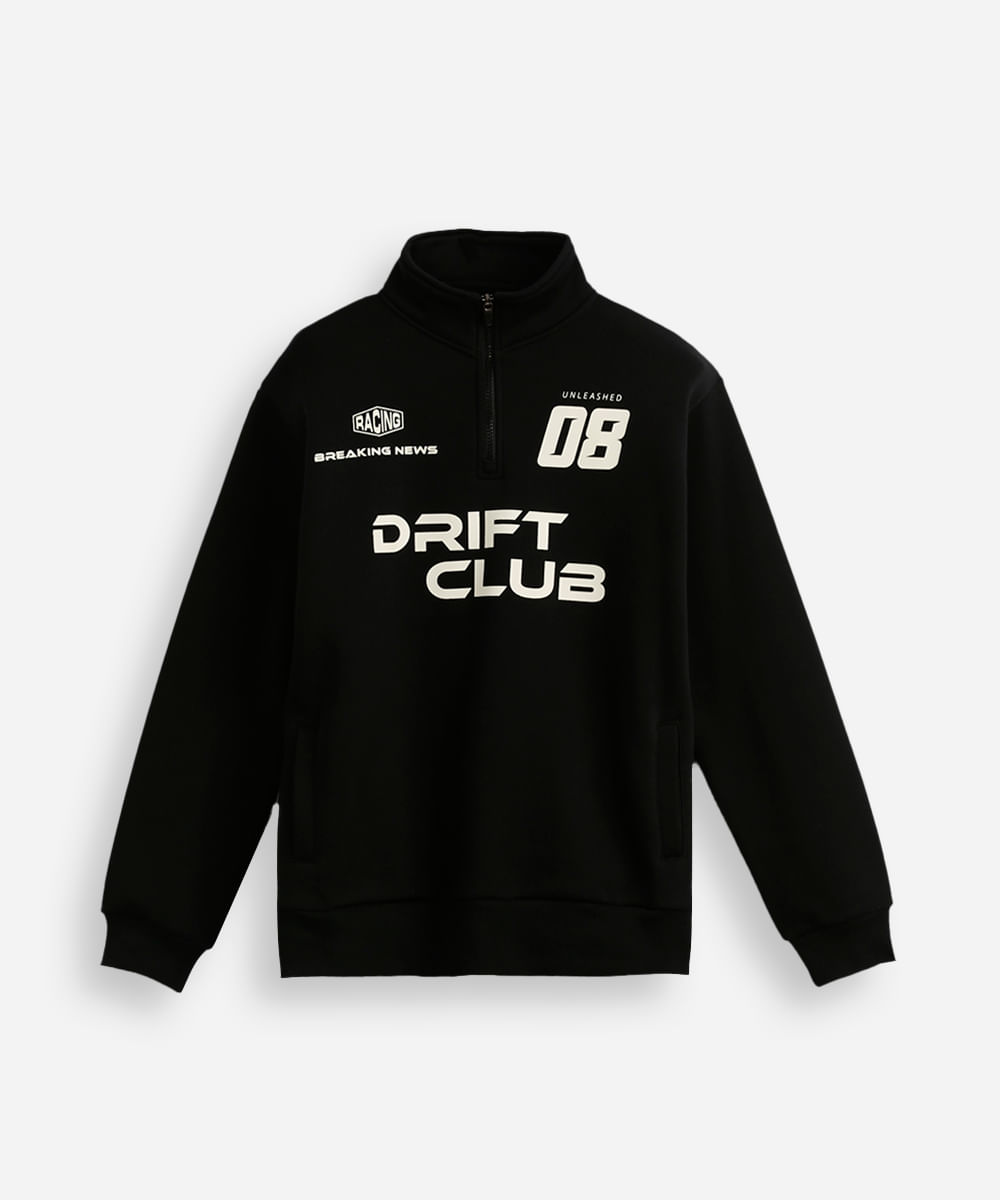 blusão de moletom juvenil gola alta com zíper preto