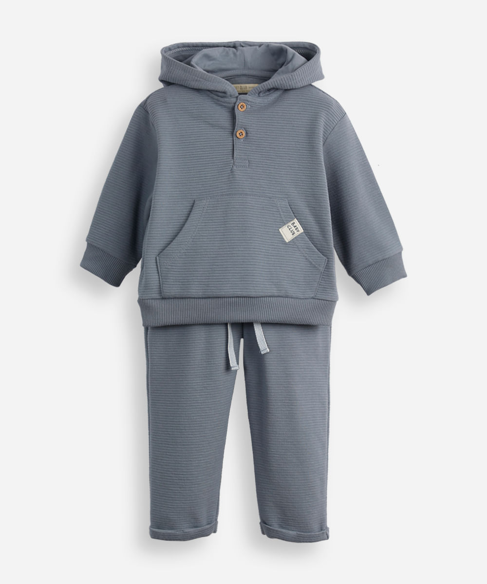 conjunto de moletom infantil canelado com capuz - azul