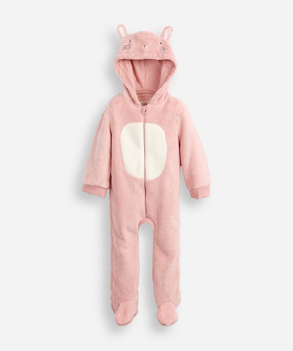 macacão longo de fleece infantil com capuz coelhinho rosa 3-6