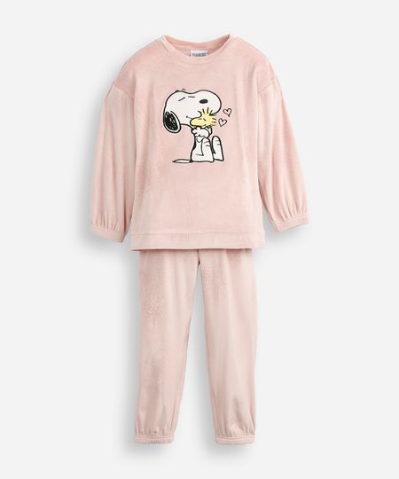 pijama longo infantil de fleece snoopy e woodstock rosa 8