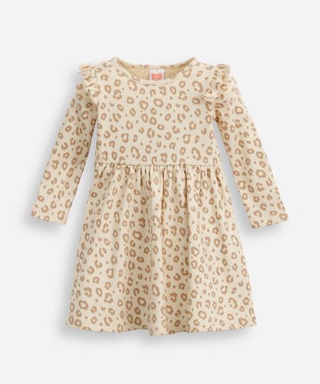 vestido infantil de algodão manga longa animal print bege 2