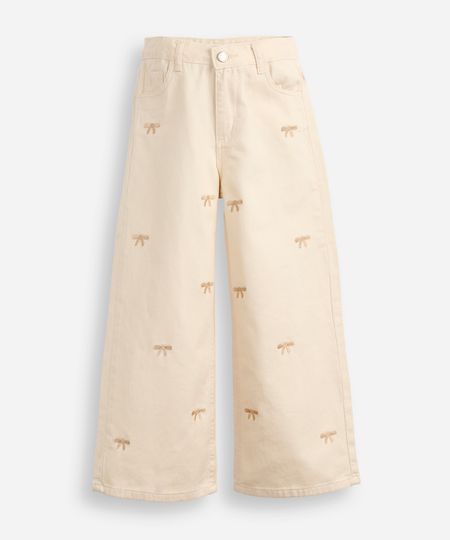 calça wide leg infantil de sarja lacinho bege 6