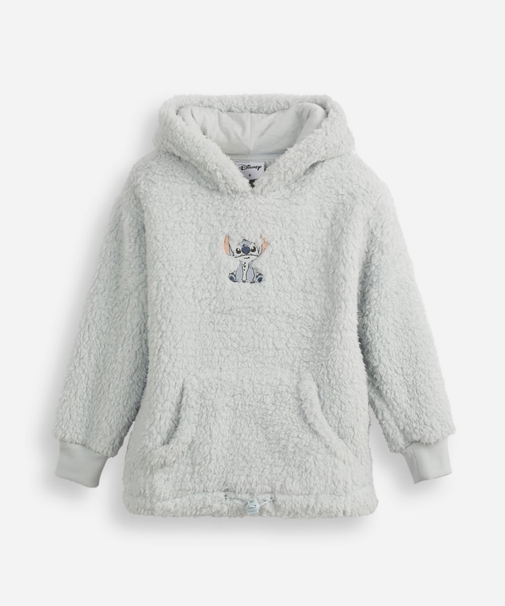 blusão de pelúcia infantil com capuz e bolso stitch azul