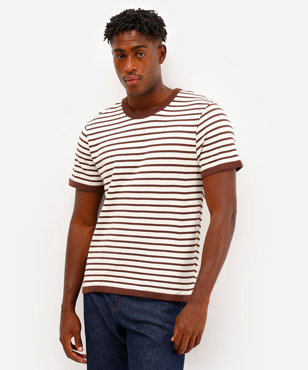 camiseta relaxed de tricot listrada marrom