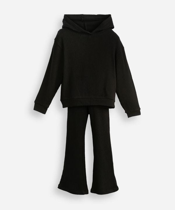 conjunto infantil longo de viscose canelado com capuz preto 6