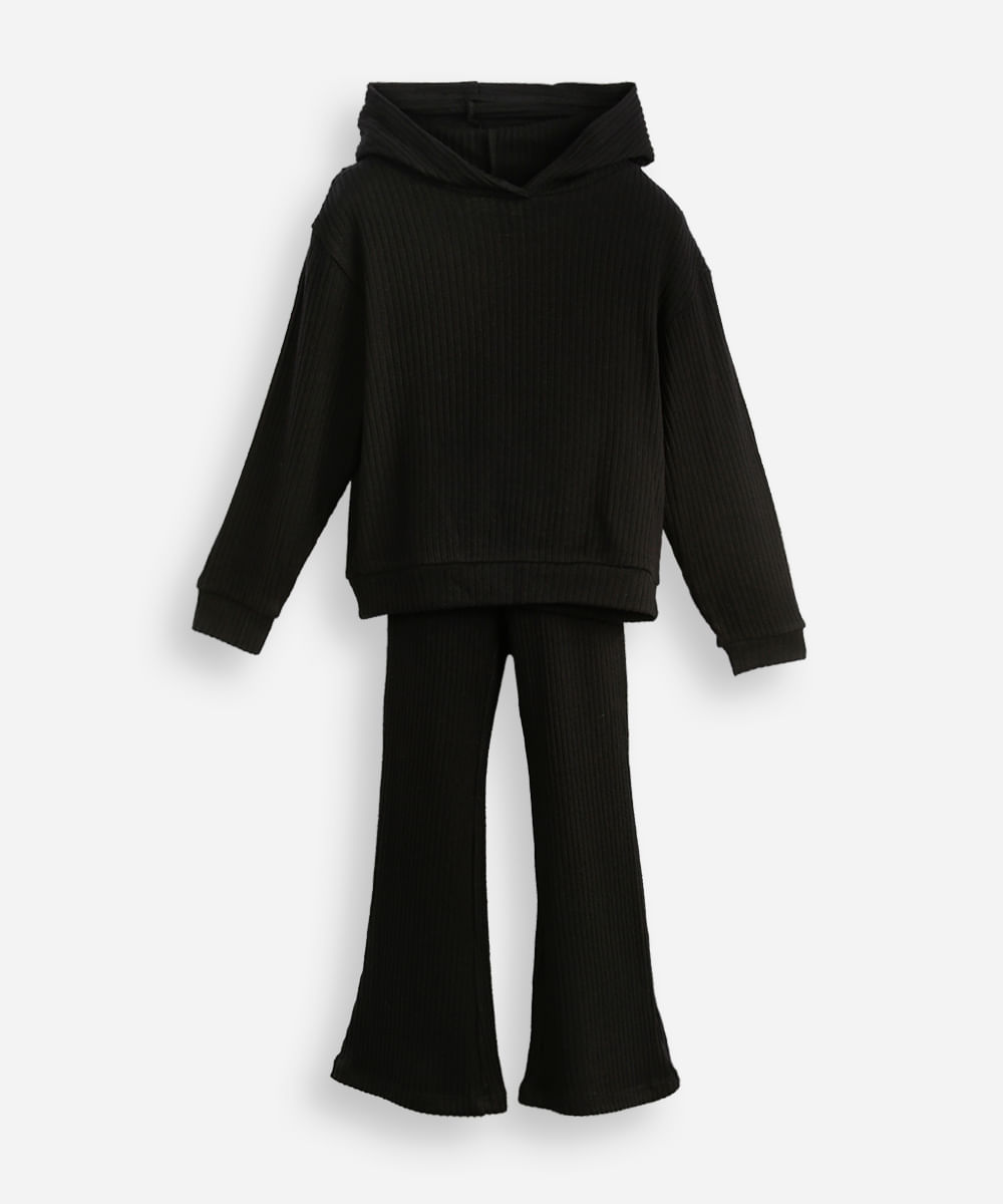 conjunto infantil longo de viscose canelado com capuz preto