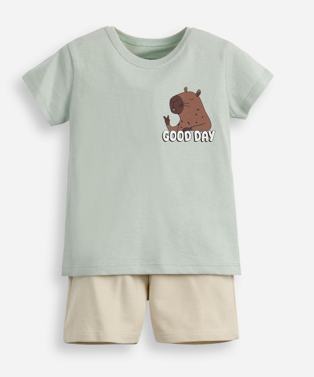 conjunto curto infantil de algodão capivara verde