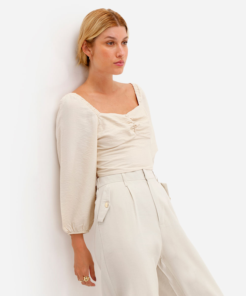 cropped feminino de viscose manga bufante texturizado bege