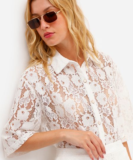 camisa feminina de renda manga curta floral off white PP