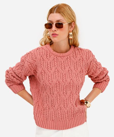 suéter feminino de tricot chenille texturizado rosa P