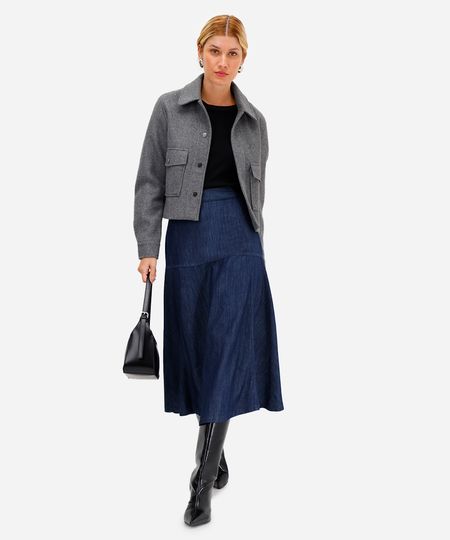 saia midi godê feminina jeans com recorte azul 34