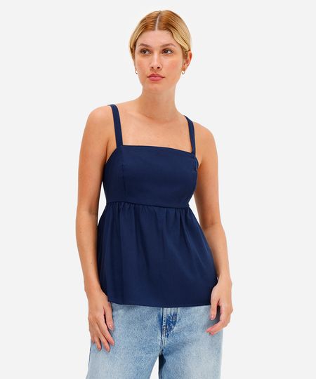 bata feminina com linho decote quadrado azul P