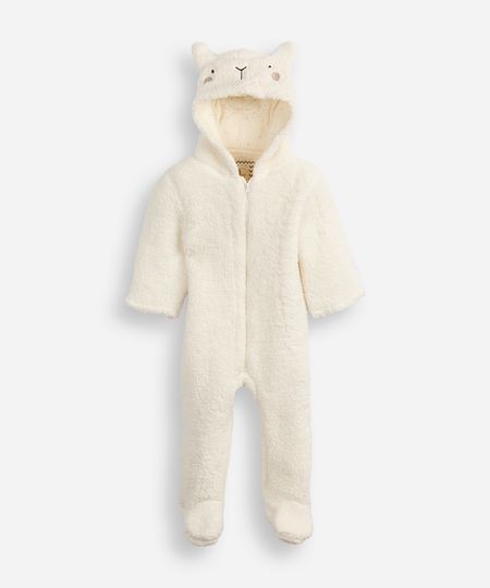 macacão longo de fleece infantil com capuz ovelhinha off white 3-6