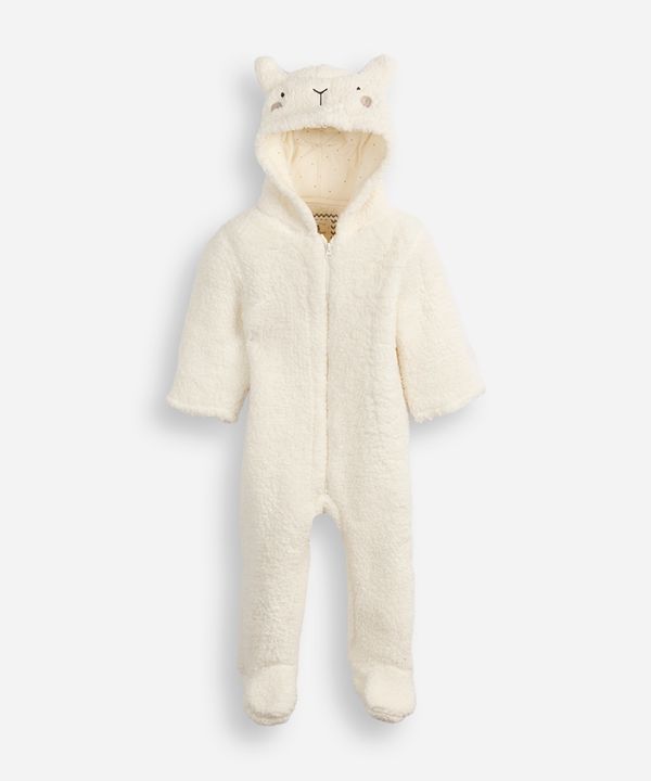macacão longo de fleece infantil com capuz ovelhinha off white 9-12