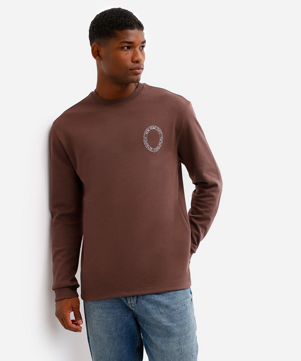 camiseta masculina de algodão manga longa new york marrom