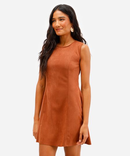 vestido curto feminino de suede com recortes marrom PP