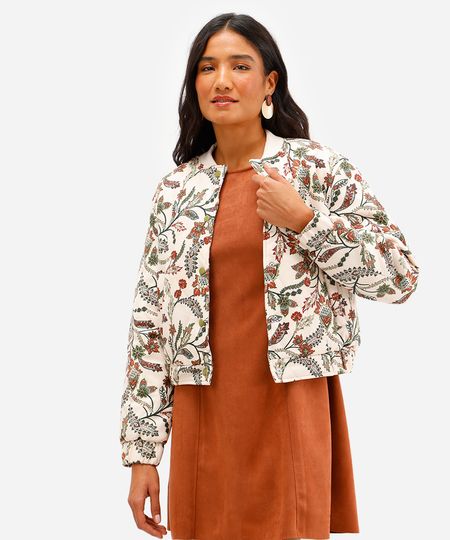 jaqueta bomber feminina de suede floral bege PP