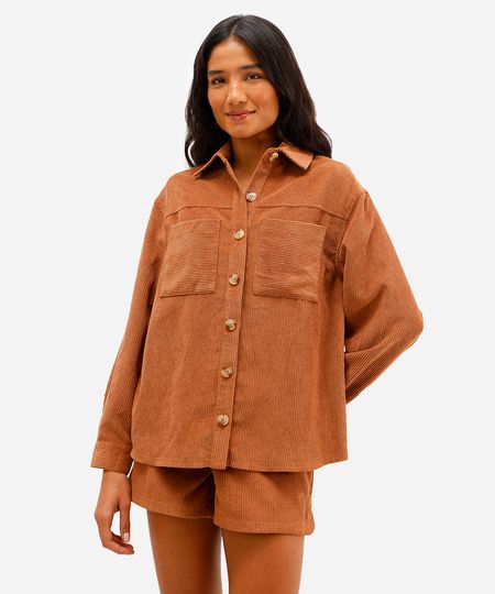 camisa shacket feminina veludo cotelê manga longa marrom G