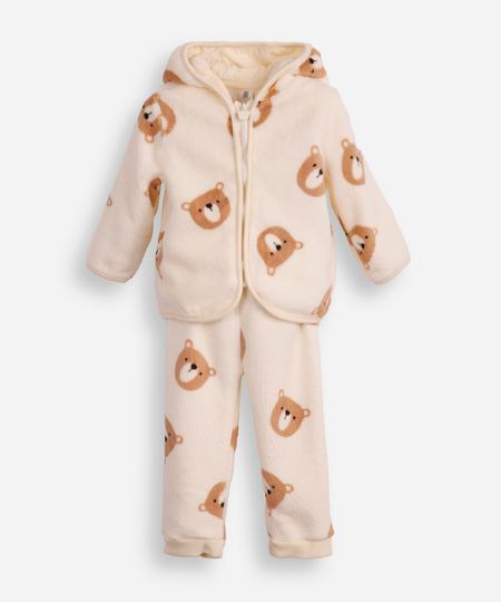 conjunto infantil longo de fleece com capuz ursinho off white 3-6