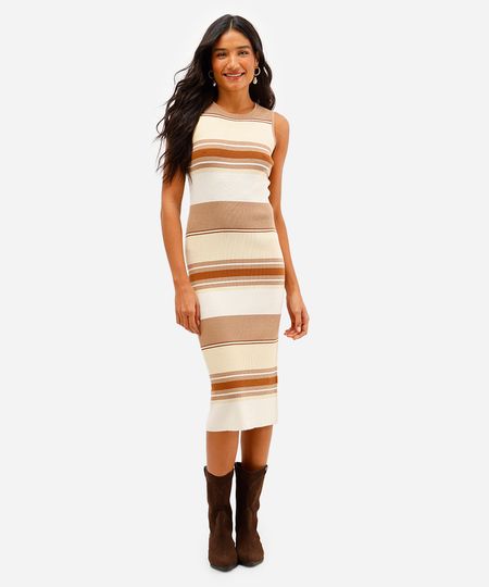 vestido midi feminino de tricot listrado marrom PP vestido midi feminino de tricot listrado marrom PP