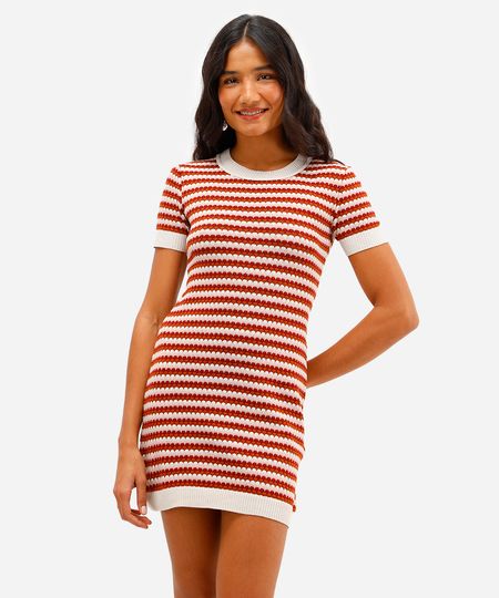 vestido de tricot curto listrado bege M vestido de tricot curto listrado bege M